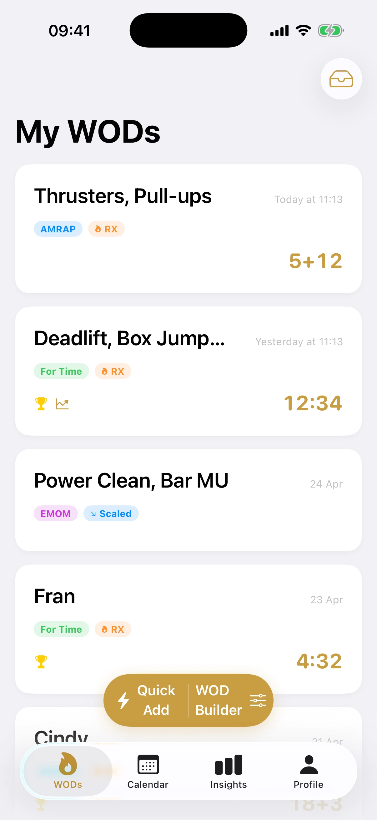 WOD list showing recent logged workouts with scores and RX badges