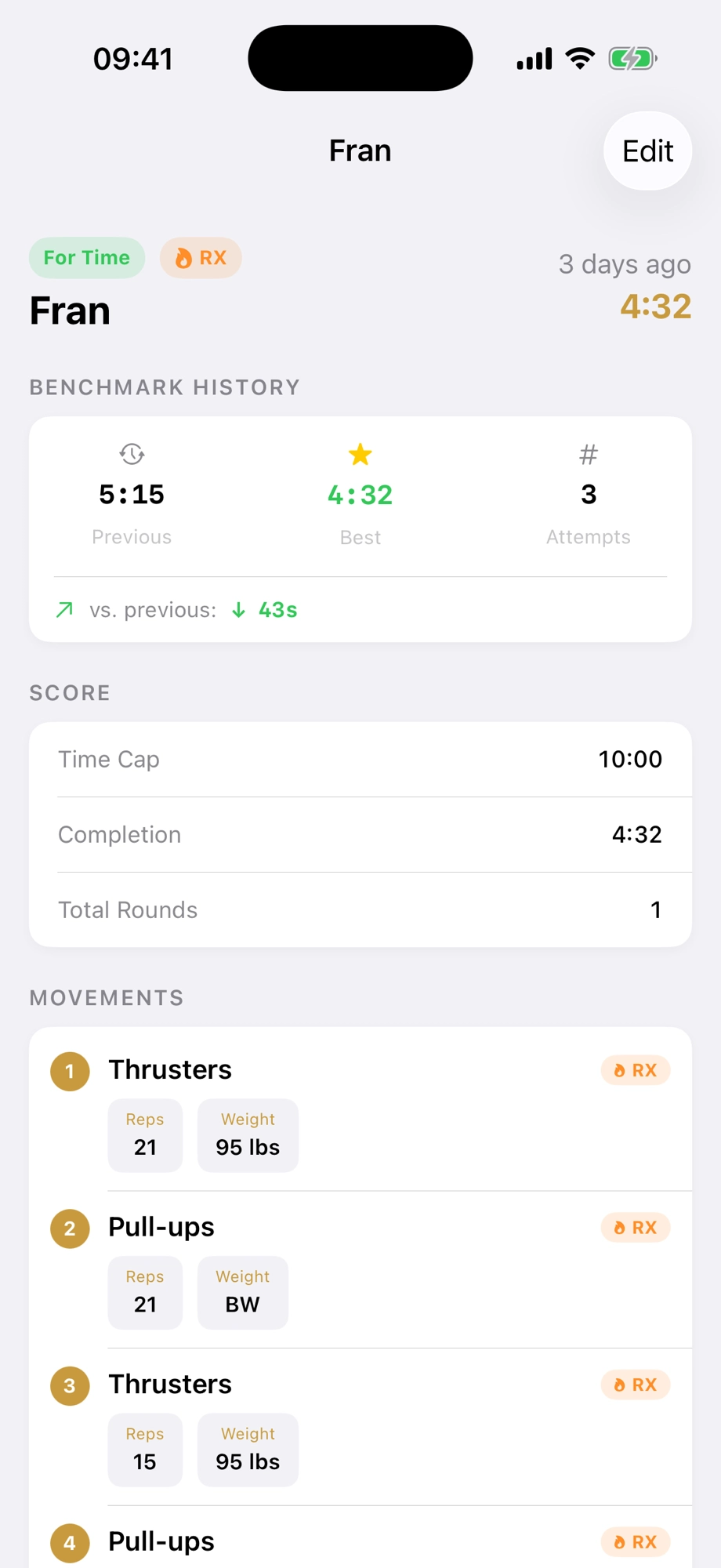 Fran WOD detail with benchmark history and PR badge