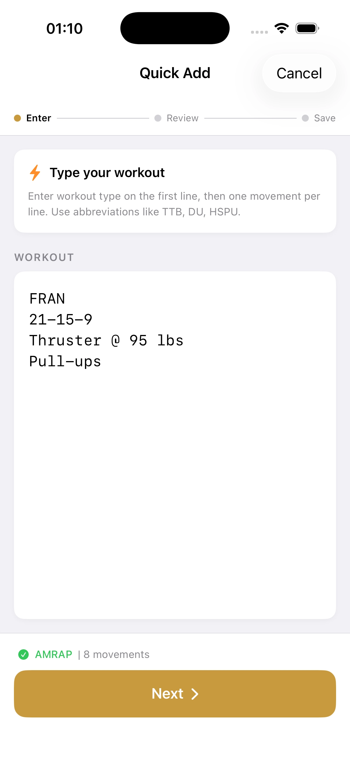 QuickAdd entry screen with Fran typed into the app