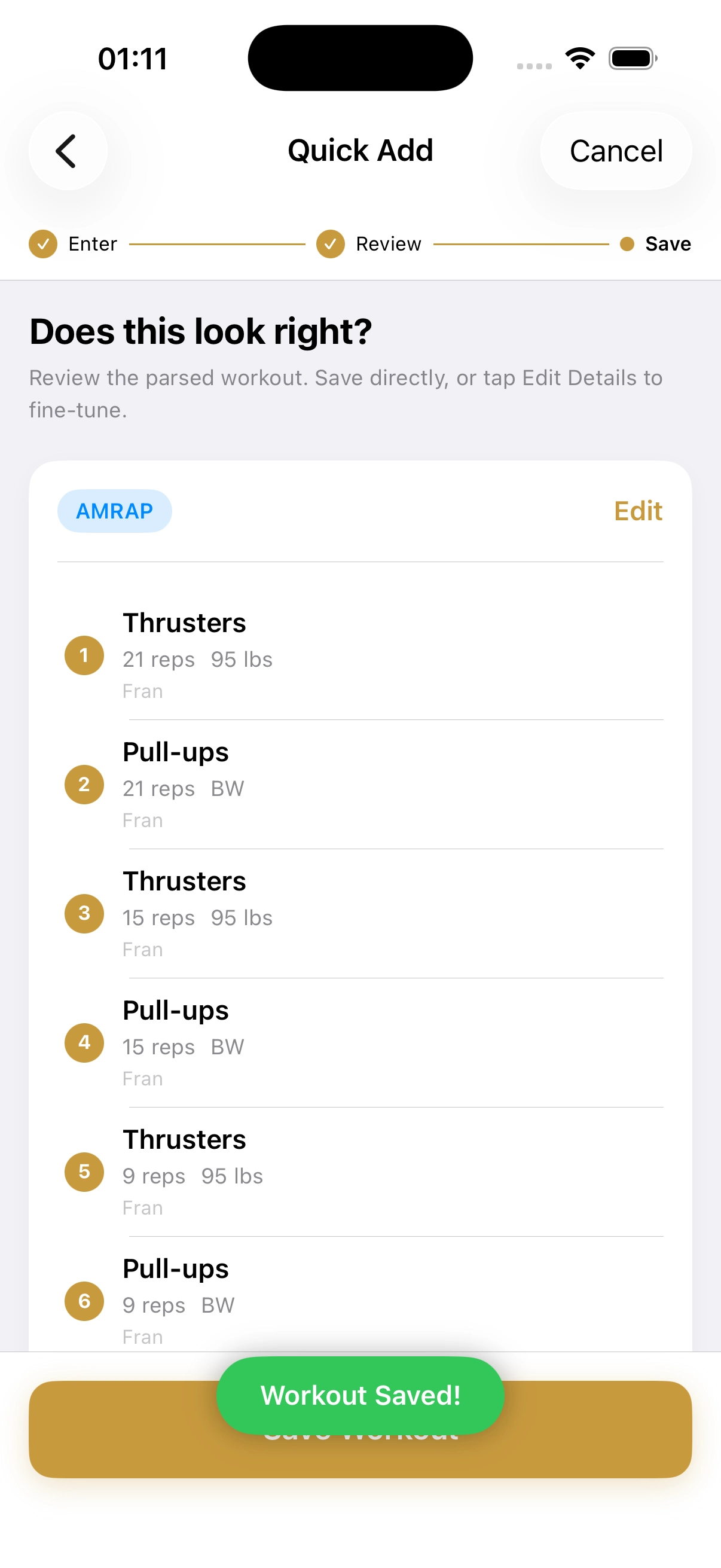 QuickAdd saved state with Workout Saved confirmation
